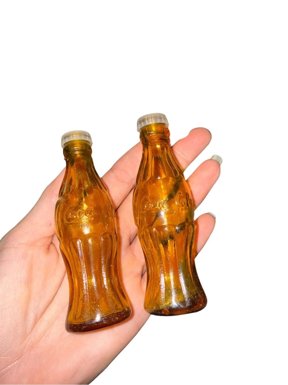 Vintage Coca Cola Amber Miniature Glass Bottle shakers